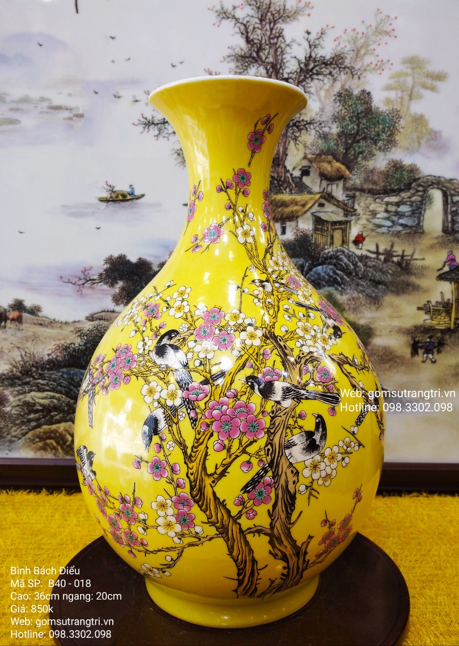Bình chim hoa đào men vàng